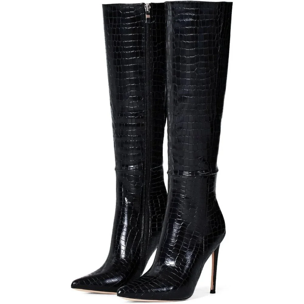 Women's Black Leather Suede  Knee High Stiletto Tall Pointed Toe Stylish Boot